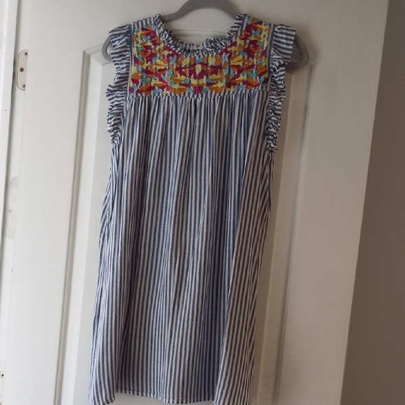 JODIFL Dresses & Skirts - JODIFL Blue Striped Dress with Colorful Embroidery